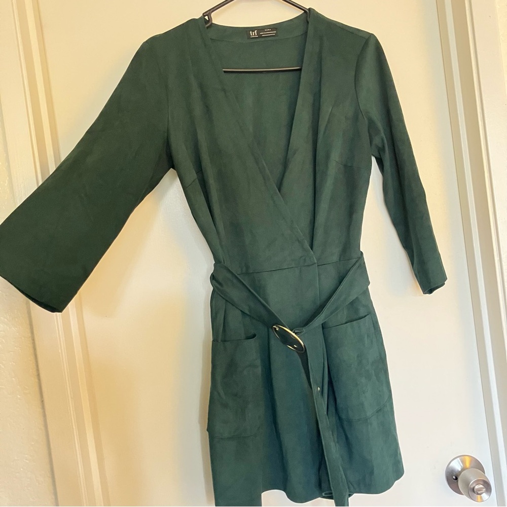 Zara TRF Collection Dark Green Faux Suede Belted Mock Wrap Romper Size Medium. - Picture 7 of 10